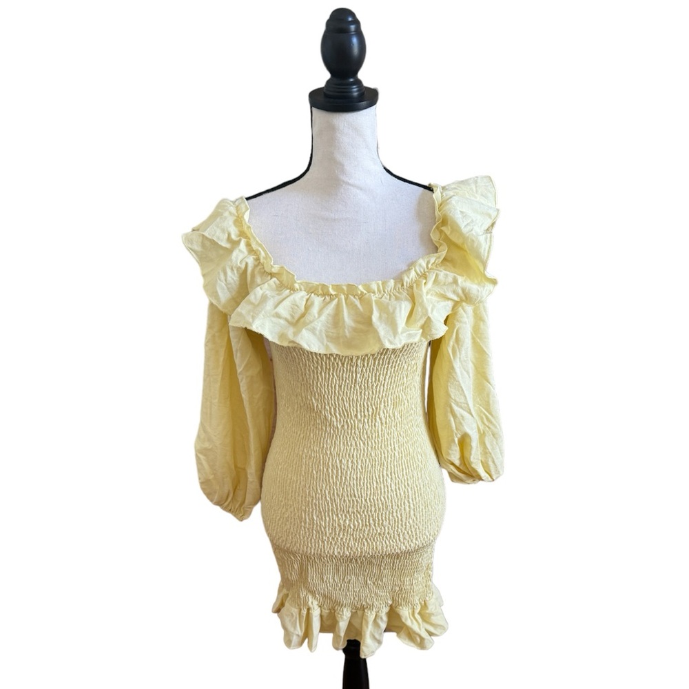 Shirred Bodice Bishop Sleeve Mini Dress - Picture 2 of 3